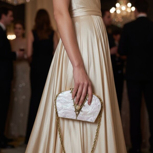Handmade Mother-of-Pearl & Gemstone Evening Clutch – Vintage-Inspired Gold Frame